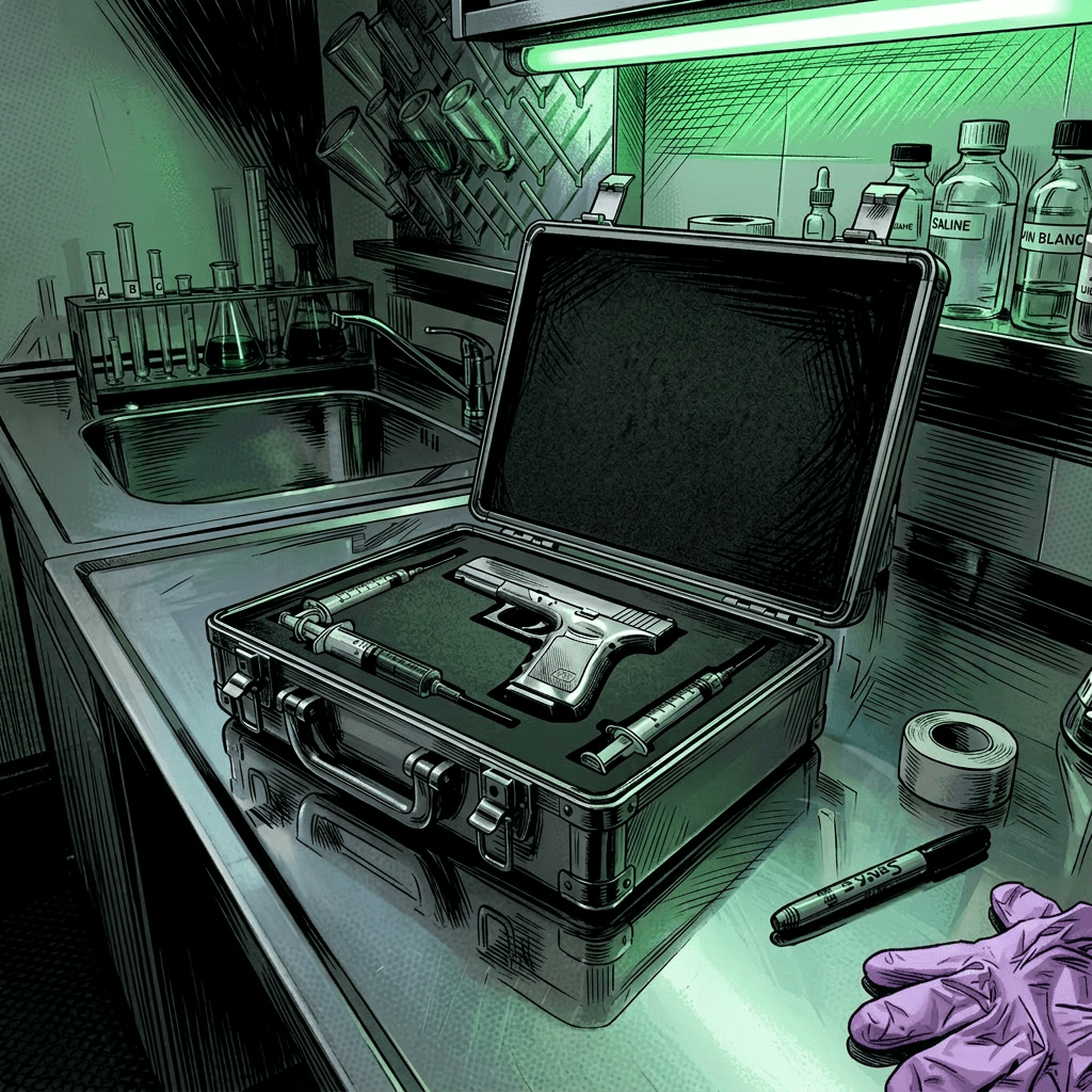 Open black case on lab counter containing a handgun and syringes filled with green liquid