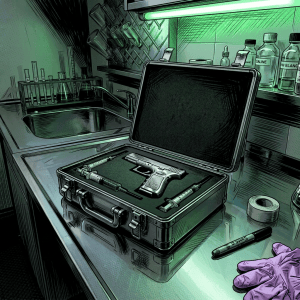 Open black case on lab counter containing a handgun and syringes filled with green liquid