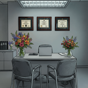 Office desk with laptop, flower vase, coffee mug, gray chairs, and framed certificates on wall