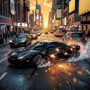 Red sports car drifting at night with sparks flying from rear wheel on city street